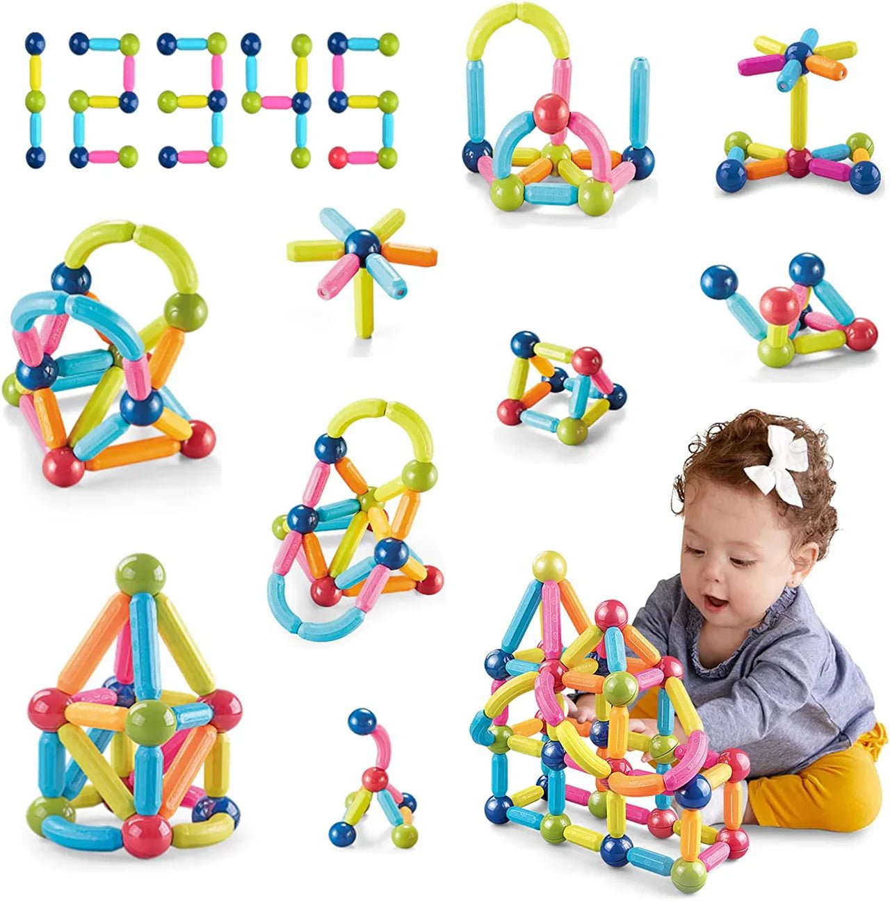64 Pieces DIY 3D Model Magnetic Stick and Ball Construction Set - Kiddie Land