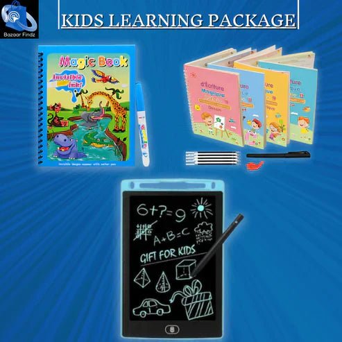 Three In One Kids Learning Deal (Sank Magic Book + Water Magic Book + 8.5 Inches Writing Tablet) - Kiddie Land