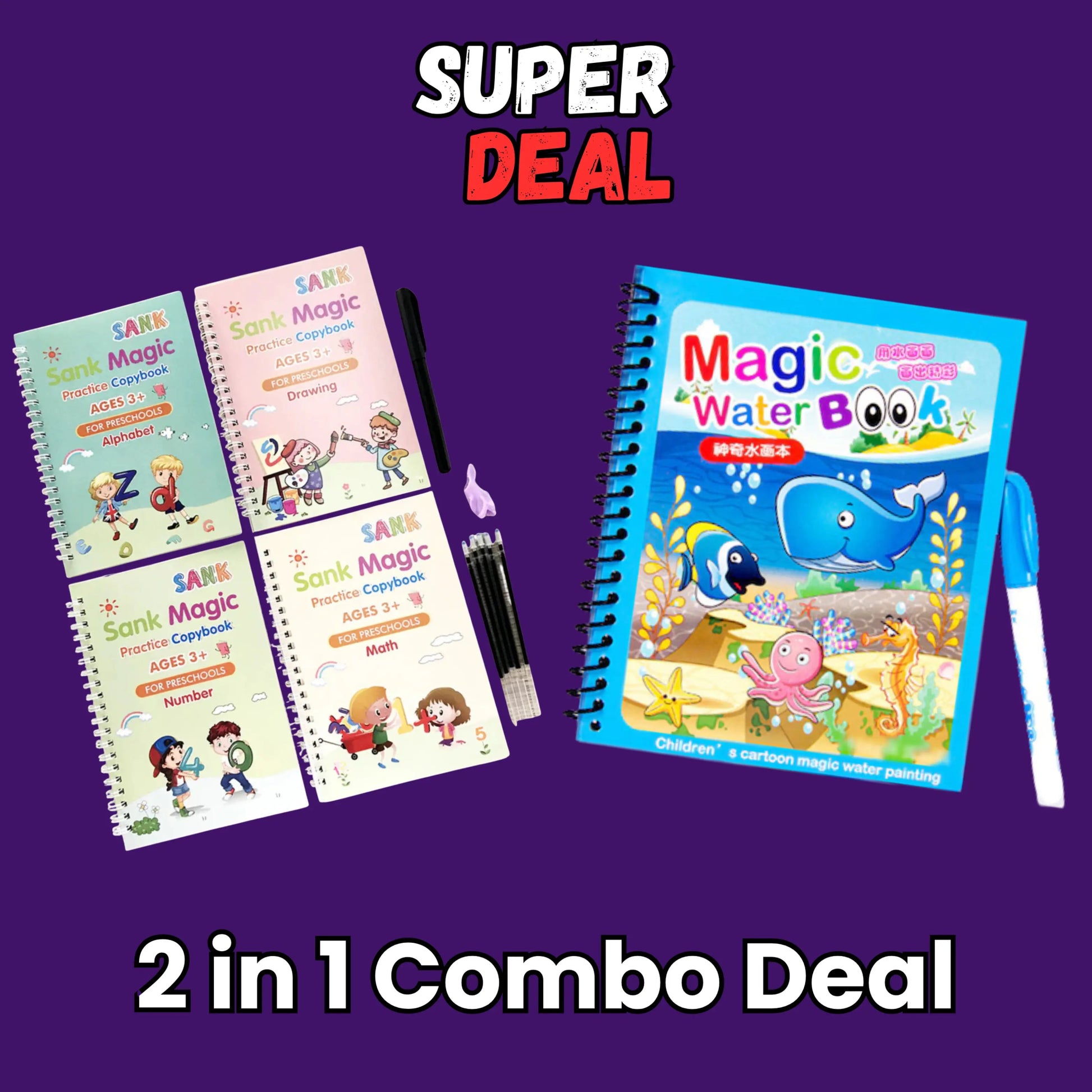 Two In One Kids Learning Deal (Sank Magic Book + Water Magic Book) - Kiddie Land